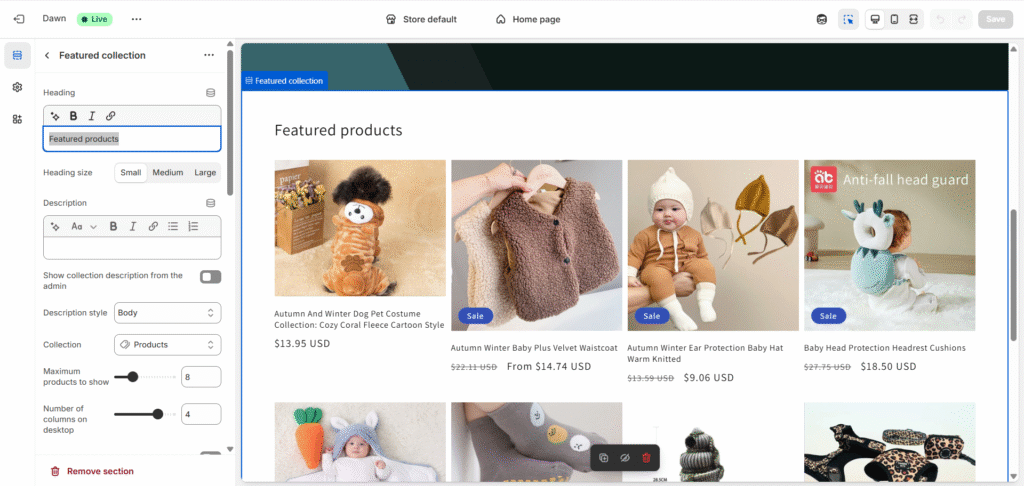 Shopify-Dawn-theme-homepage-customize