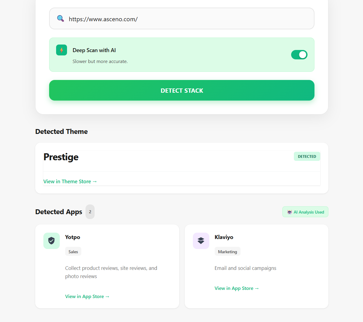 shopify theme and app detector asceno