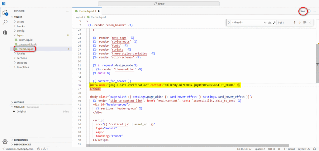 Put GSC meta tag in Shopify theme