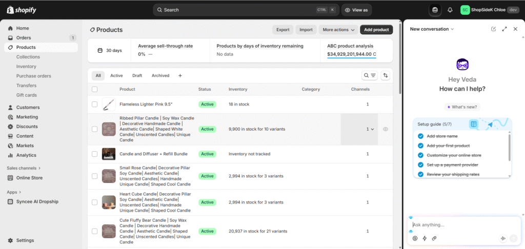 Shopify dashboard with Sidekick AI