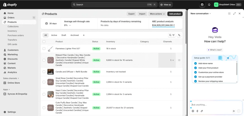 Shopify dashboard with Sidekick AI
