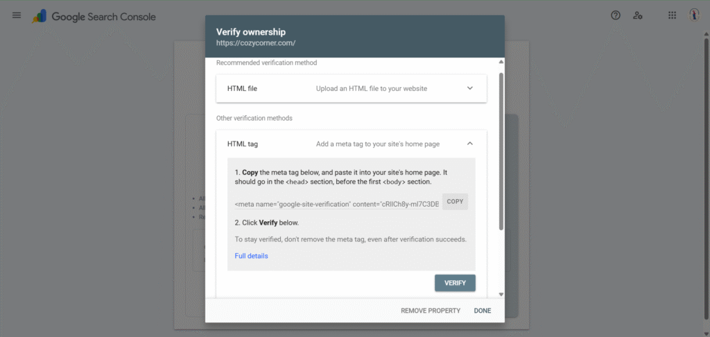 Verify ownership HTML tag