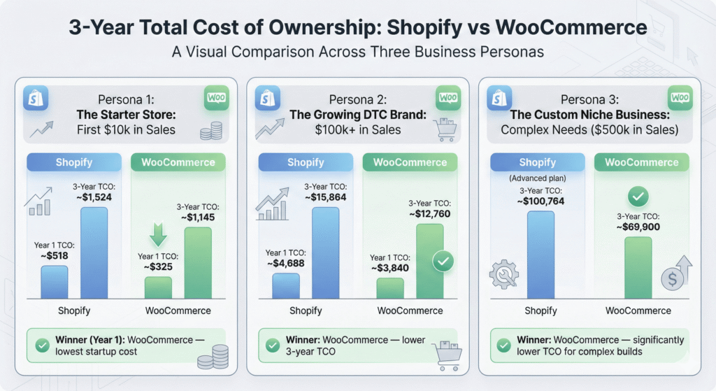 WooCommerce vs. Shopify 3 year TCO