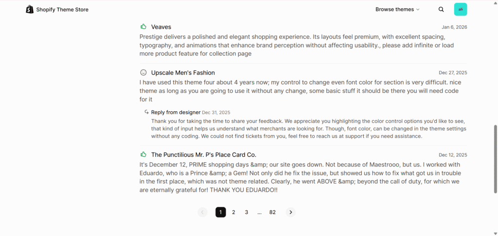 Feedback of Shopify Prestige Theme