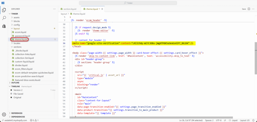 Google Search Console custom code in theme.liquid