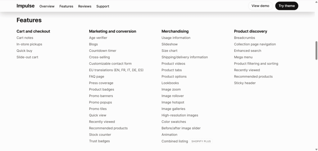 Impulse Shopify theme all features