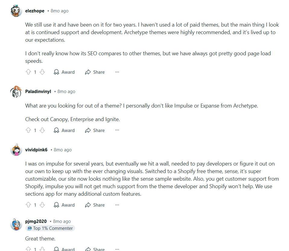 Impulse Shopify theme review on Reddit