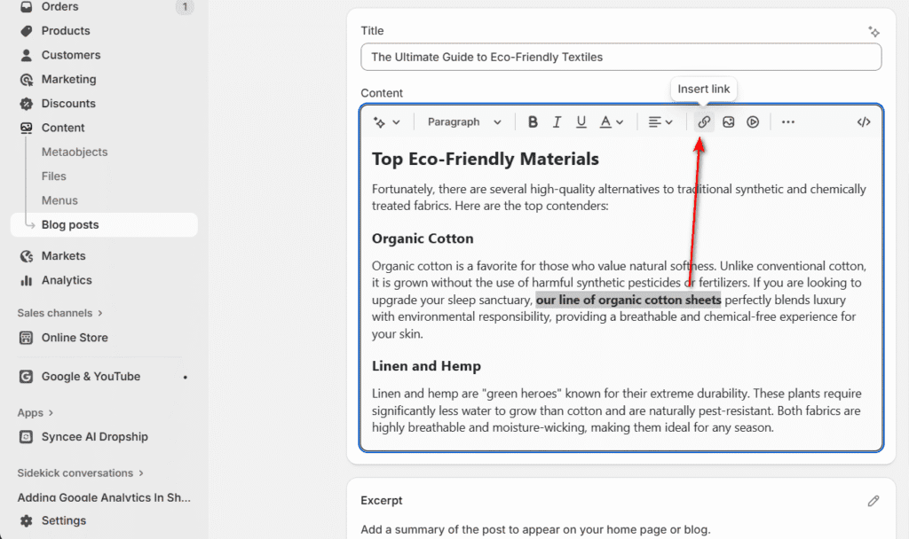 Insert link in Shopify blog post
