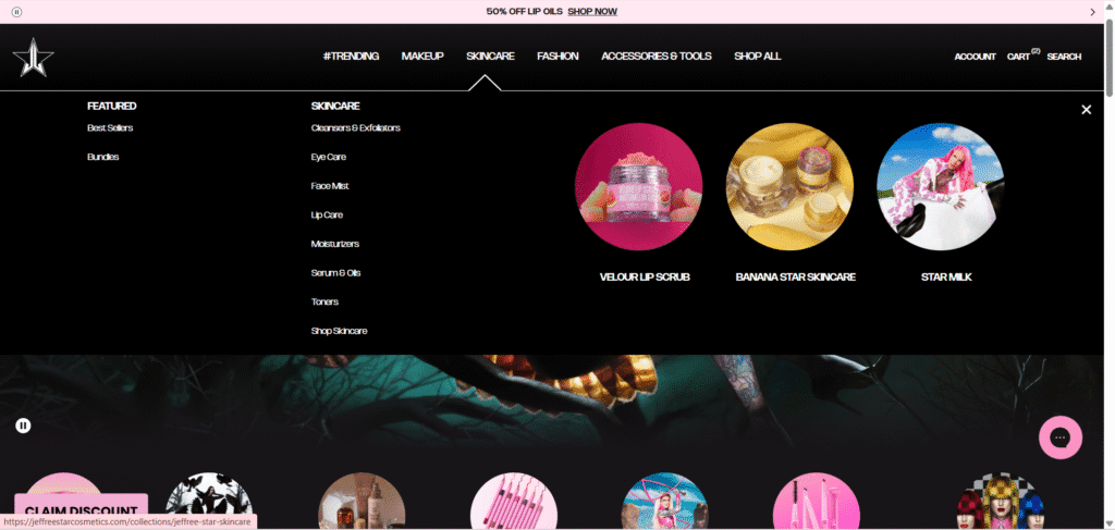 Jeffree Star Cosmetics Ella Shopify theme mega menu