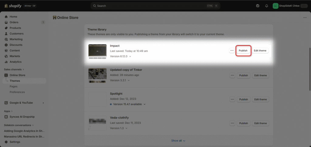 Publish draft shopify theme