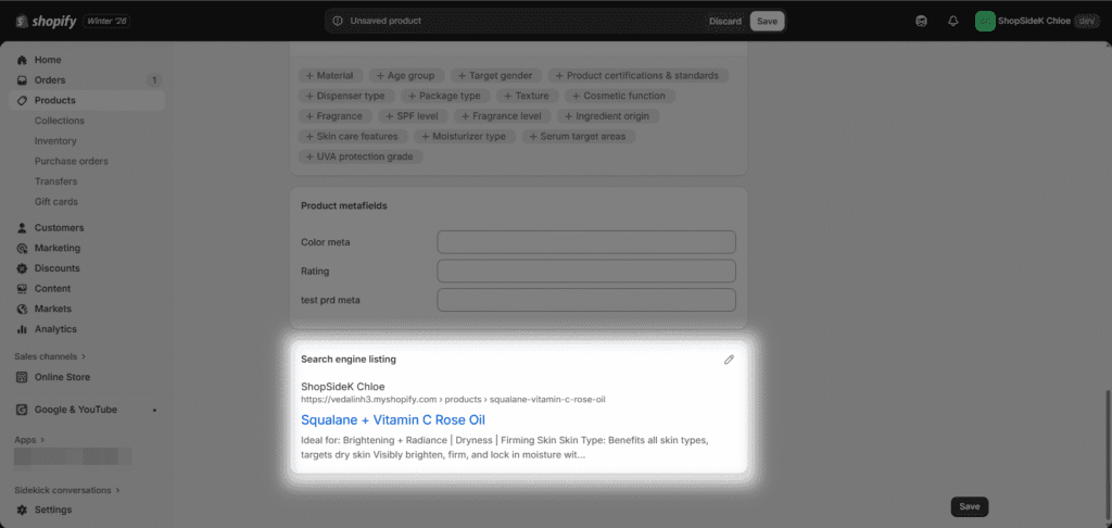 Search engine listing for Shopify product