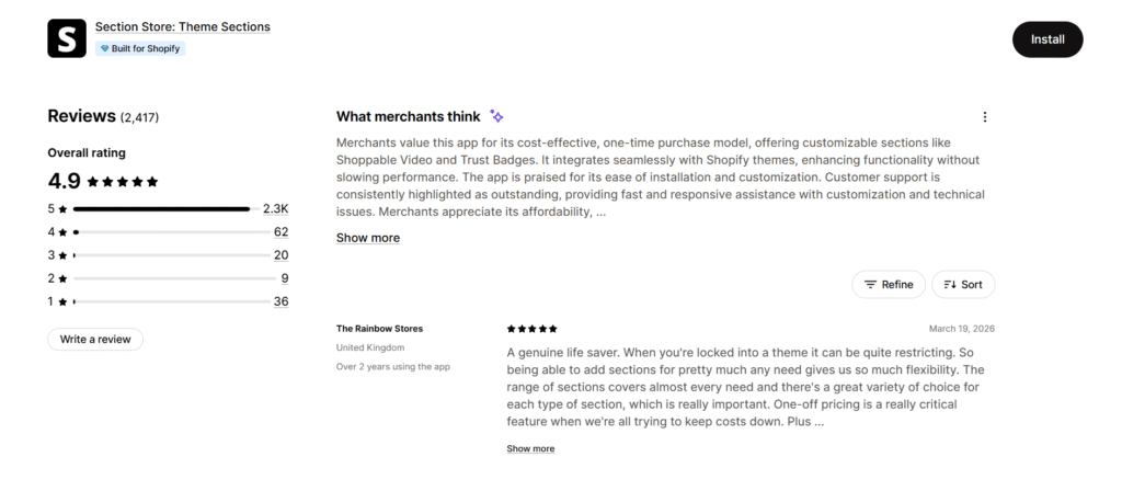 Section Store theme sections reviews