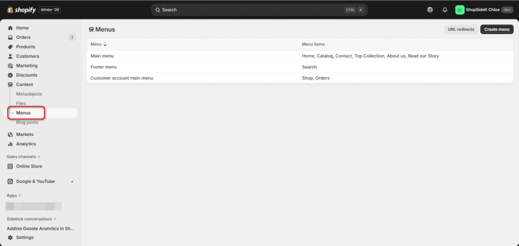 Setup Menus on Shopify