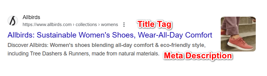 Title tag and meta description Allbirds