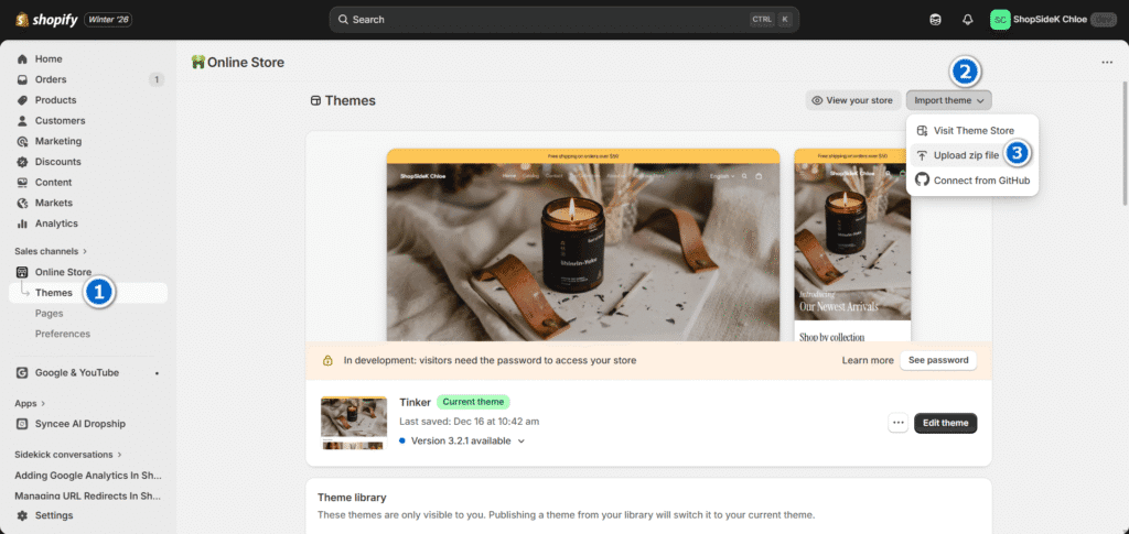 Upload zip file to change Shopify theme