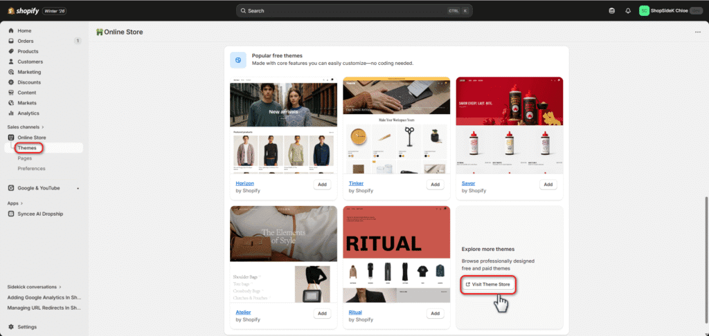 how to change Shopify theme step 1
