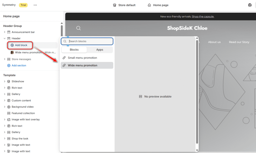 Add Header block on Symmetry theme