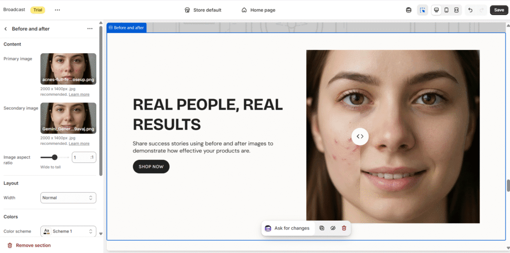 Before and after section from Broadcast shopify theme