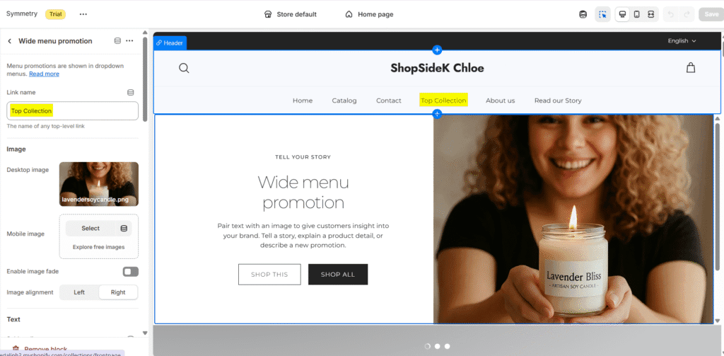 Create wide menu promotion on Symmetry