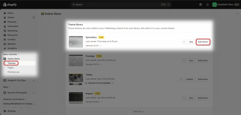 Edit Symmetry theme button