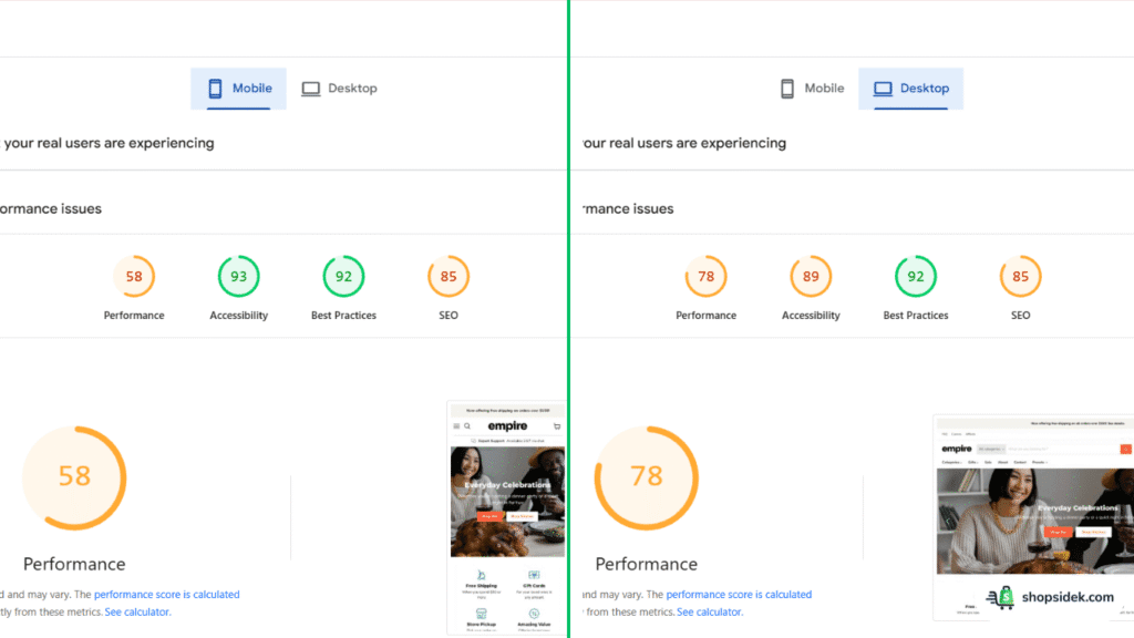 Empire Theme Google PageSpeed Insights