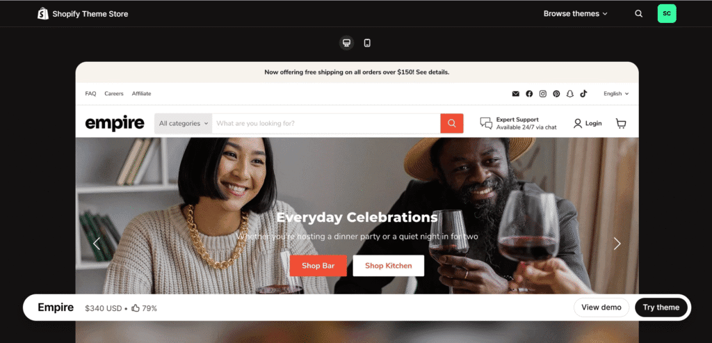 Empire shopify theme listing