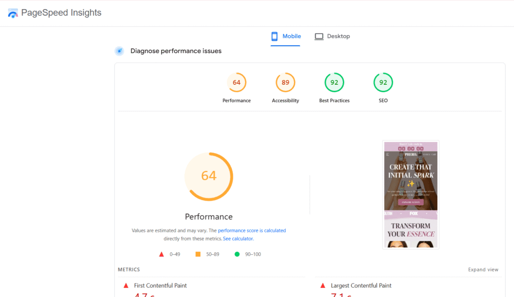 Shrine Pro demo Pagespeed insights