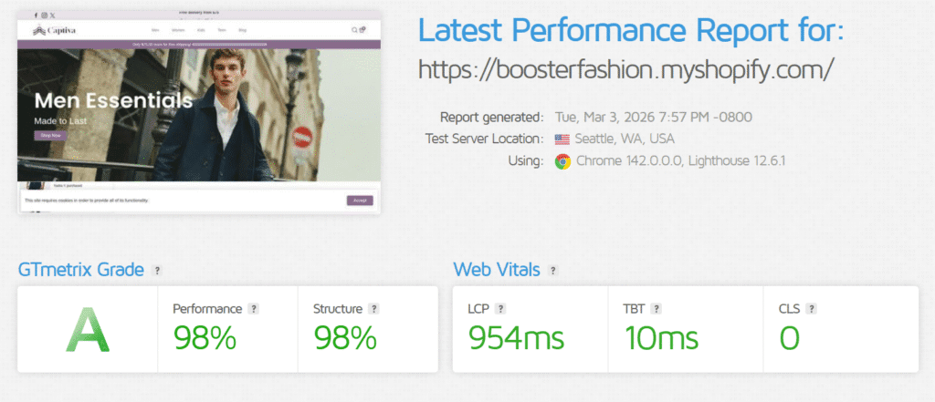 Booster Shopify theme GTmetrix grade