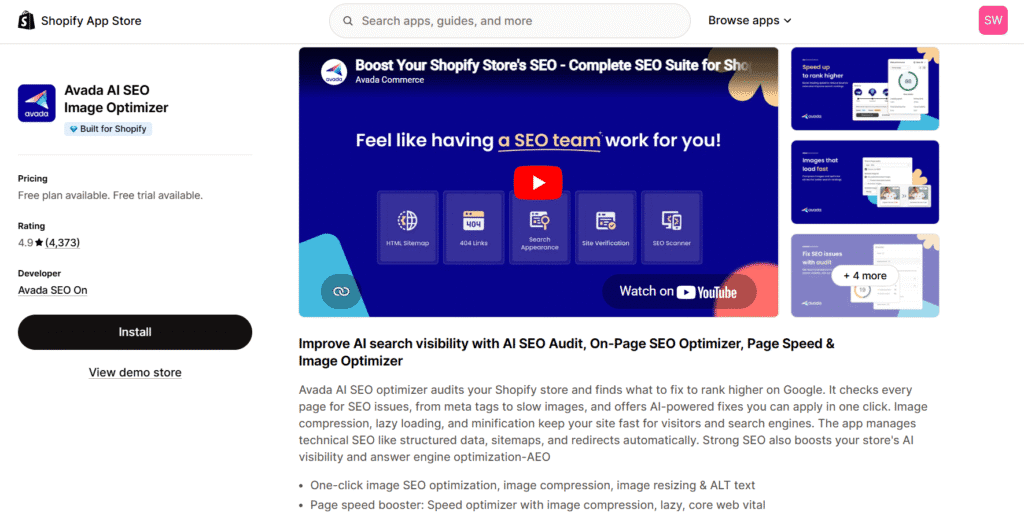 Avada best SEO Shopify app