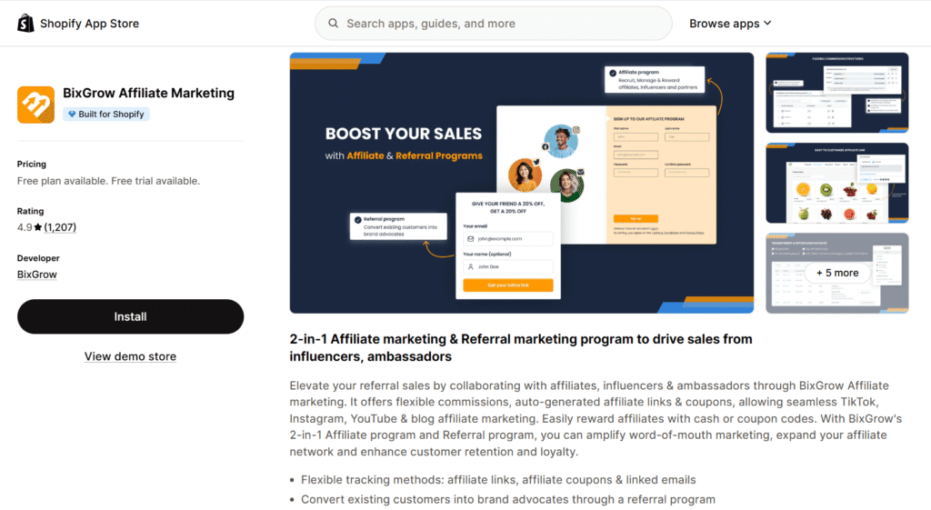 BixGrow affiliate app for shopify