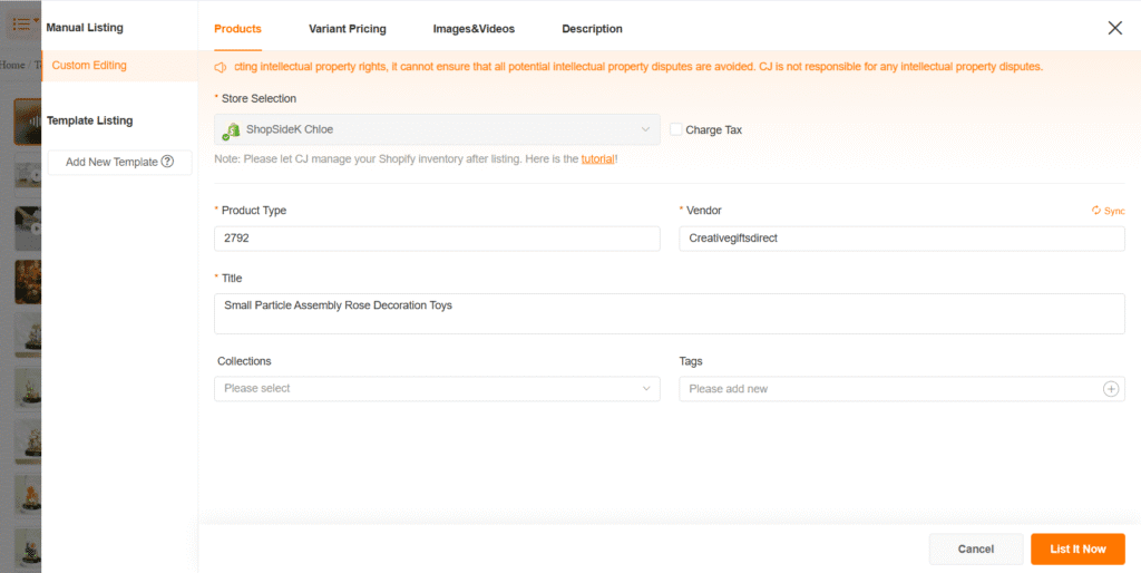 Custom editting products before listing on Shopify store