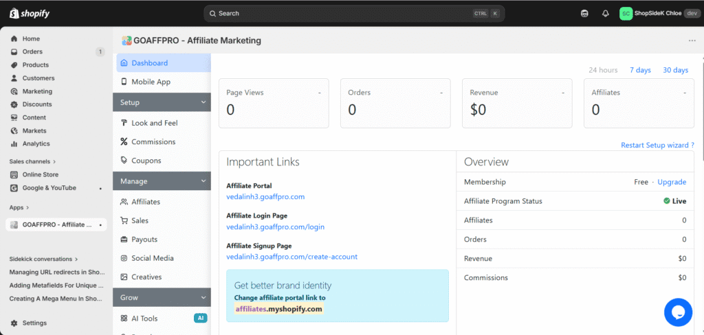 GOAFFPRO Affiliate Marketing dashboard