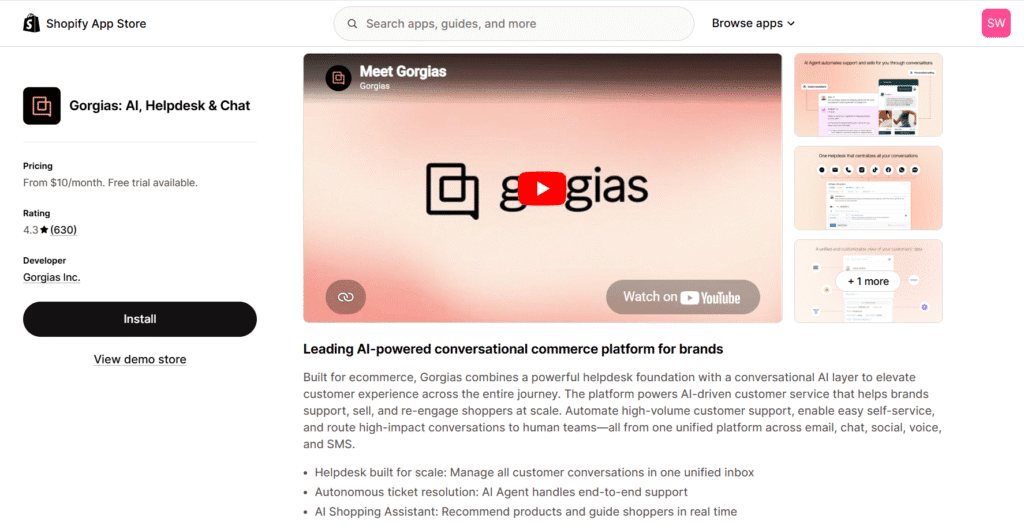 Gorgias among Shopify live chat apps