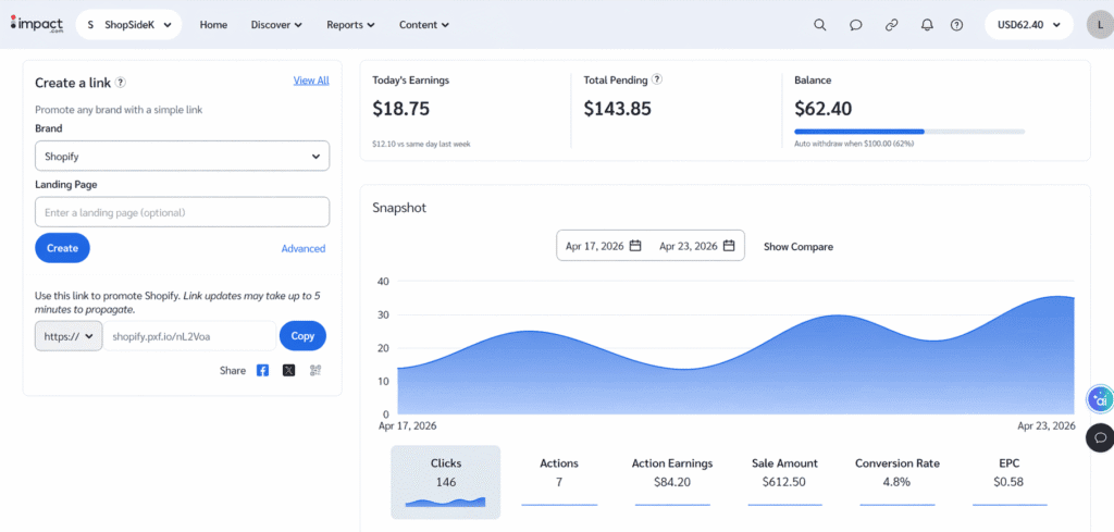 Impact.com affiliate interface