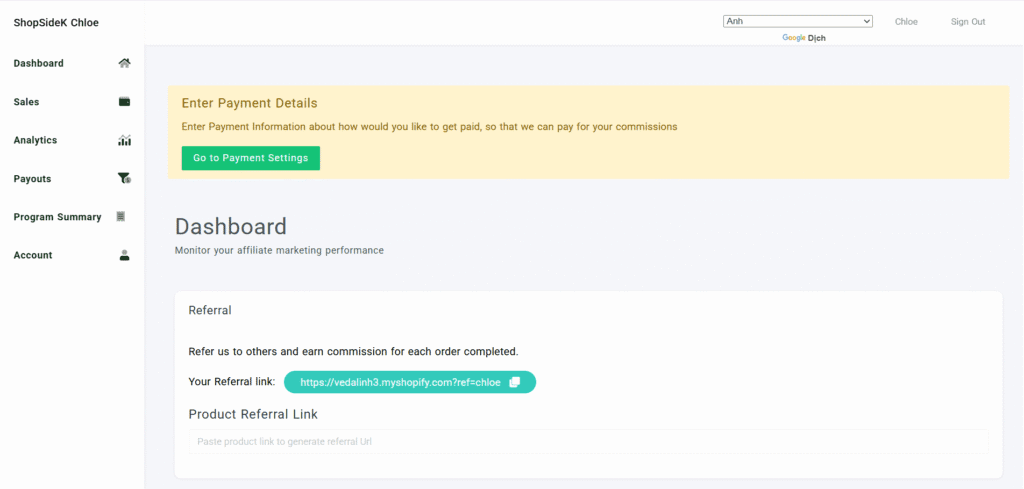 ReferrLy affiliate interface