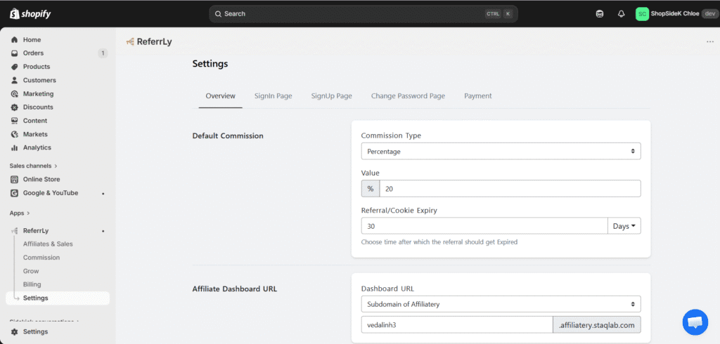 ReferrLy settings interface