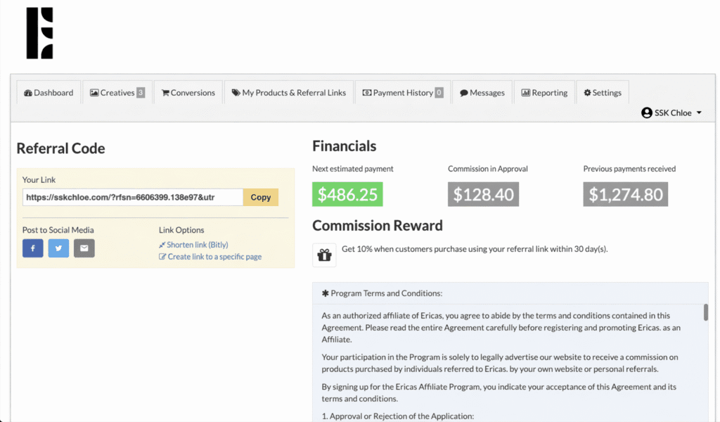 Refersion Affiliate interface