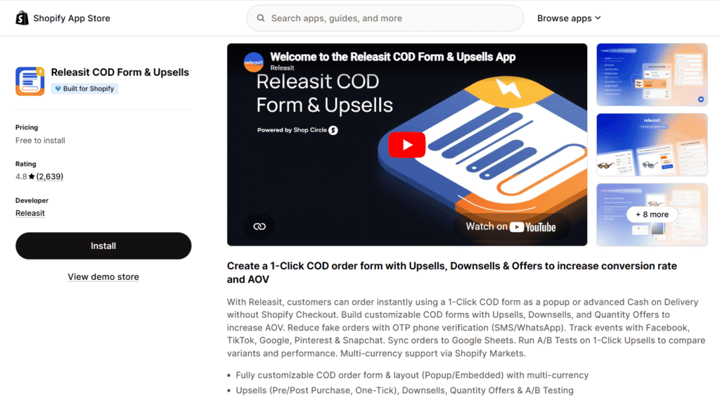 Releasit COD upsell app for shopify