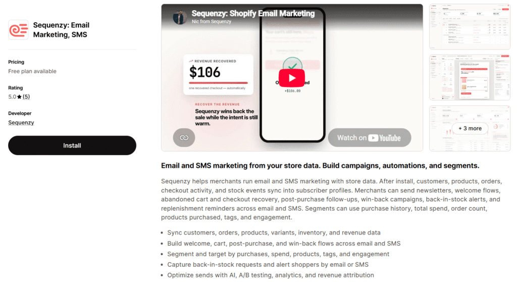 Sequenzy email marketing shopify app