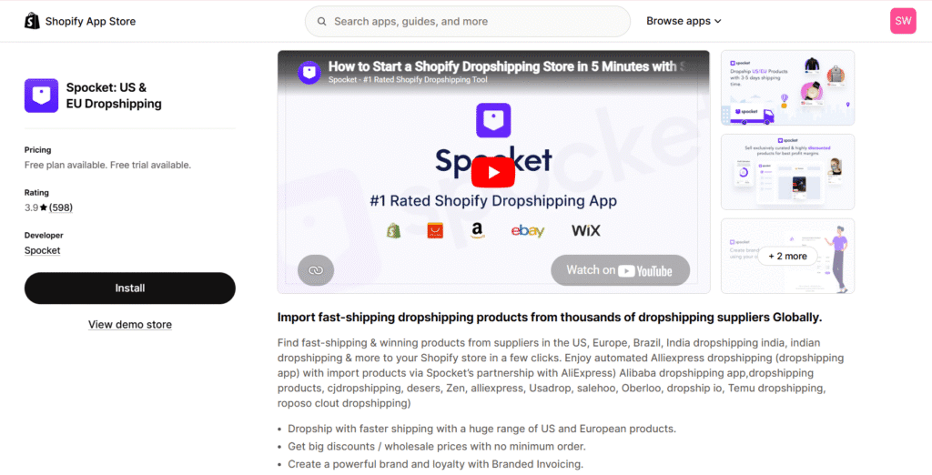 Spocket dropshipping shopify app