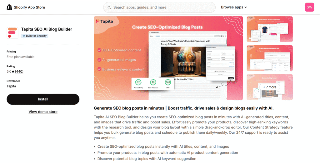 Tapita AI blog builder shopify SEO apps