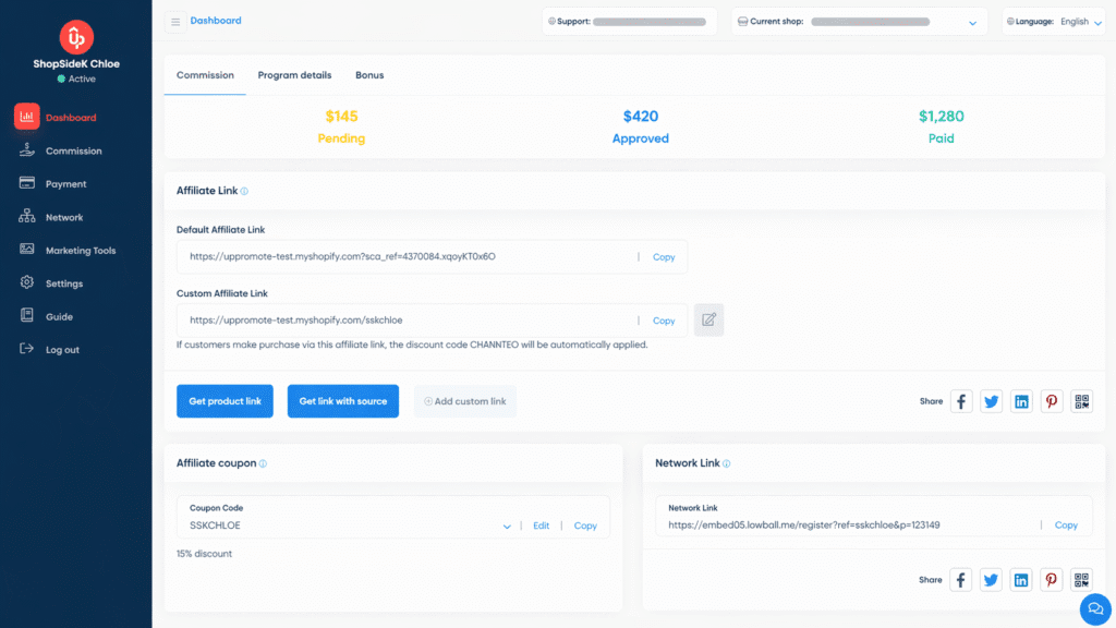 UpPromote affiliate dashboard