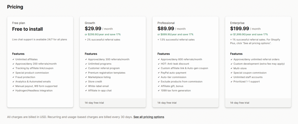 UpPromote pricing plan