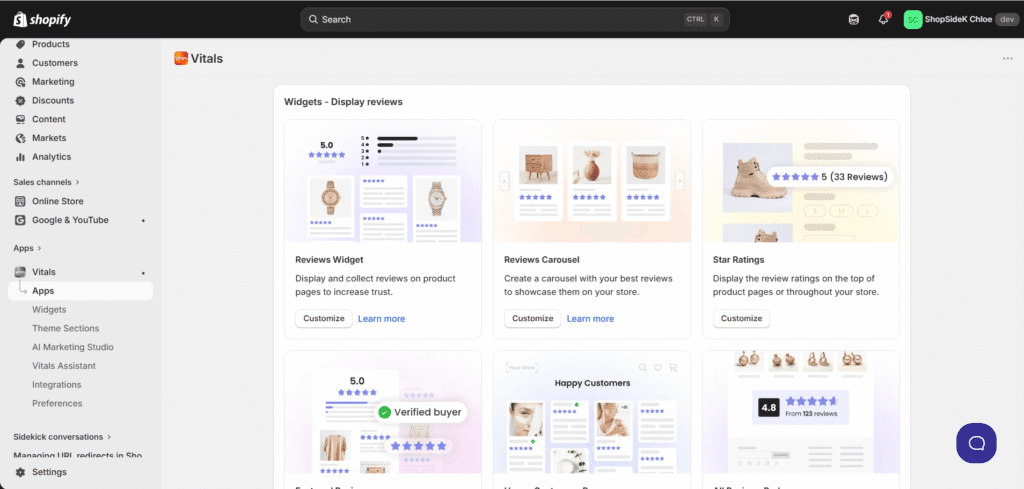 Vitals review widgets