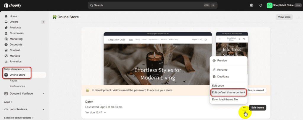 Edit default theme content under online store