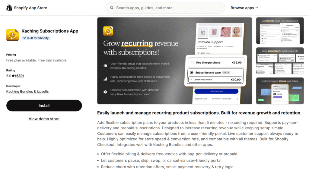Kaching best shopify subscription app