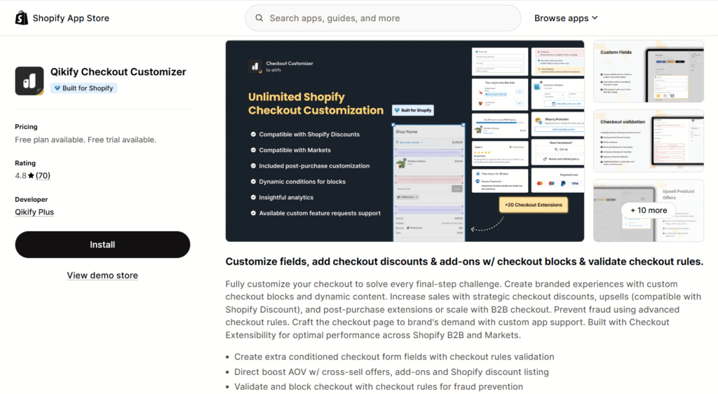 Qikify Checkout Customizer app listing