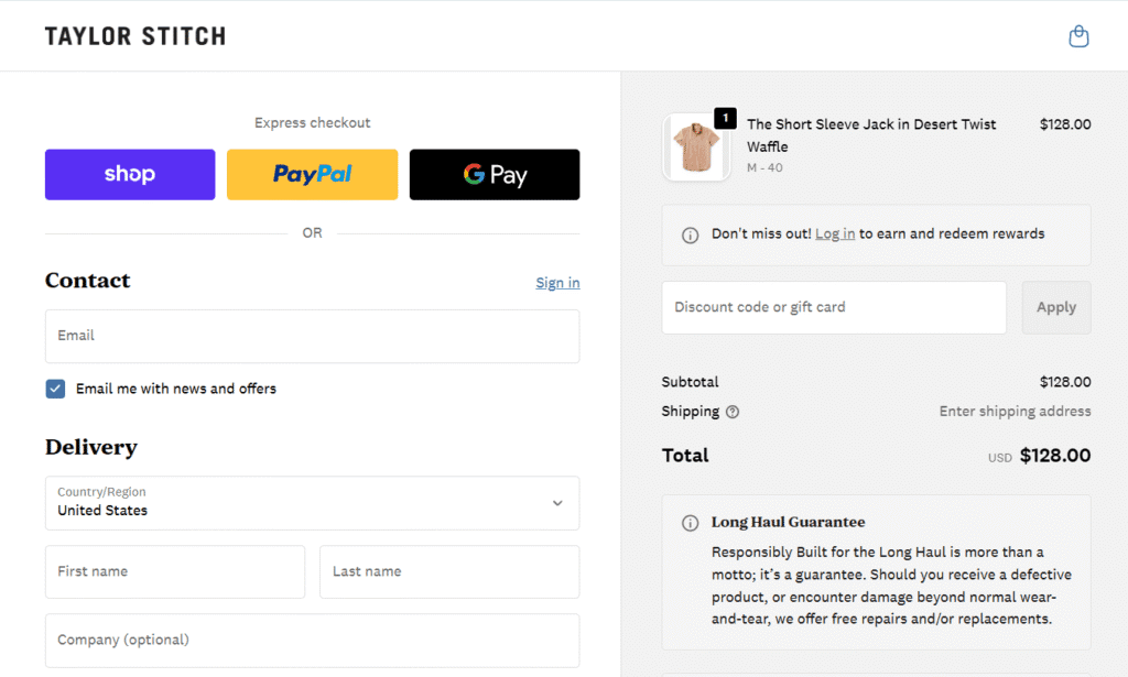 Taylor Stitch checkout page
