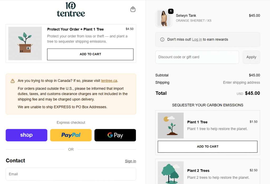 Tentree shopify checkout page customization