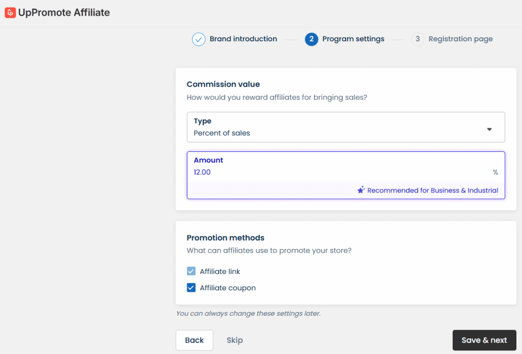 Uppromote Shopify affiliate program settings